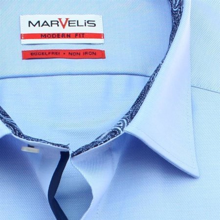 MARVELIS Hemd MODERN FIT uni blau FEINTWILL mit Kragenausputz langarm 40 (M)