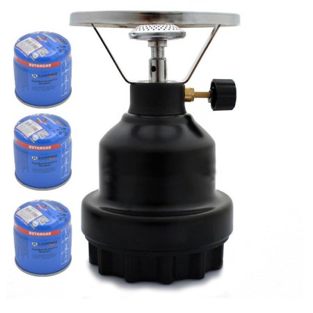 Compact and stable camping stove made of metal including 3x 190g gas cartridges
